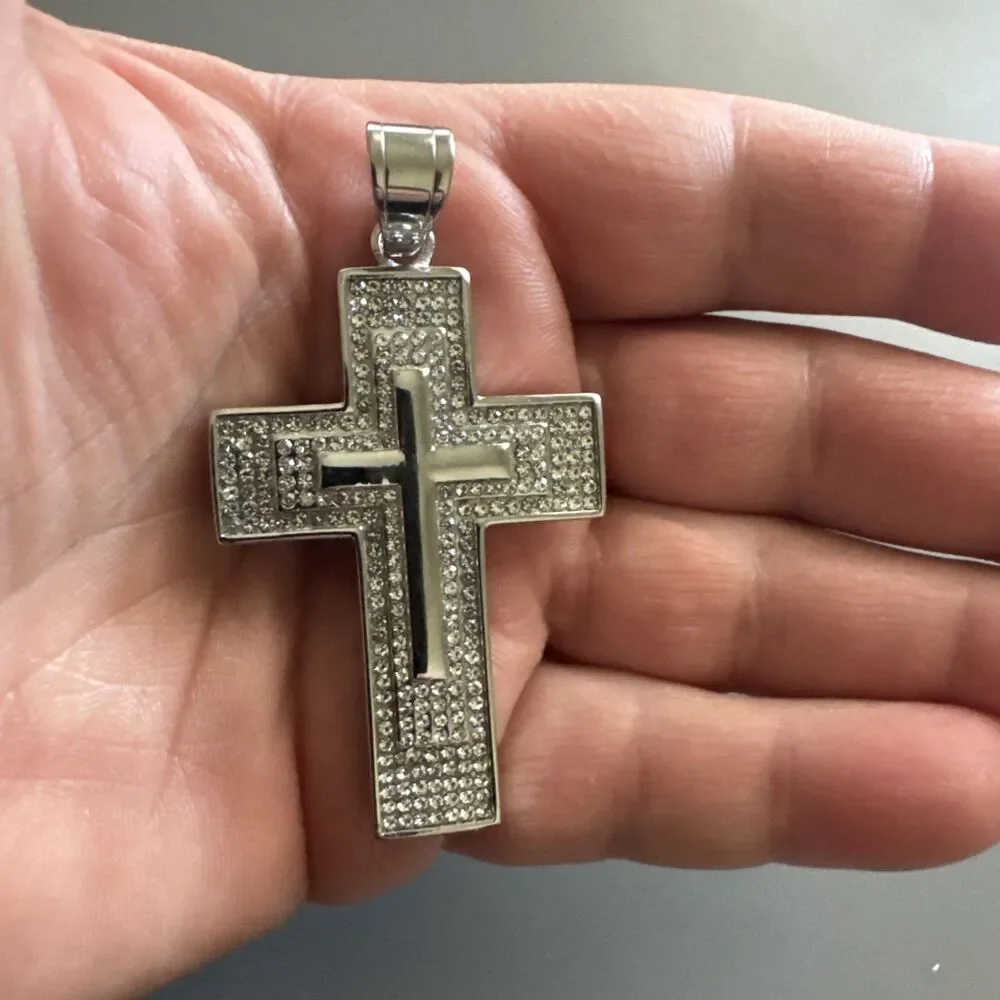 Triple Cross Pendant Silver Plated Cubic Zirconia 24” Chain Stainless Steel Gift